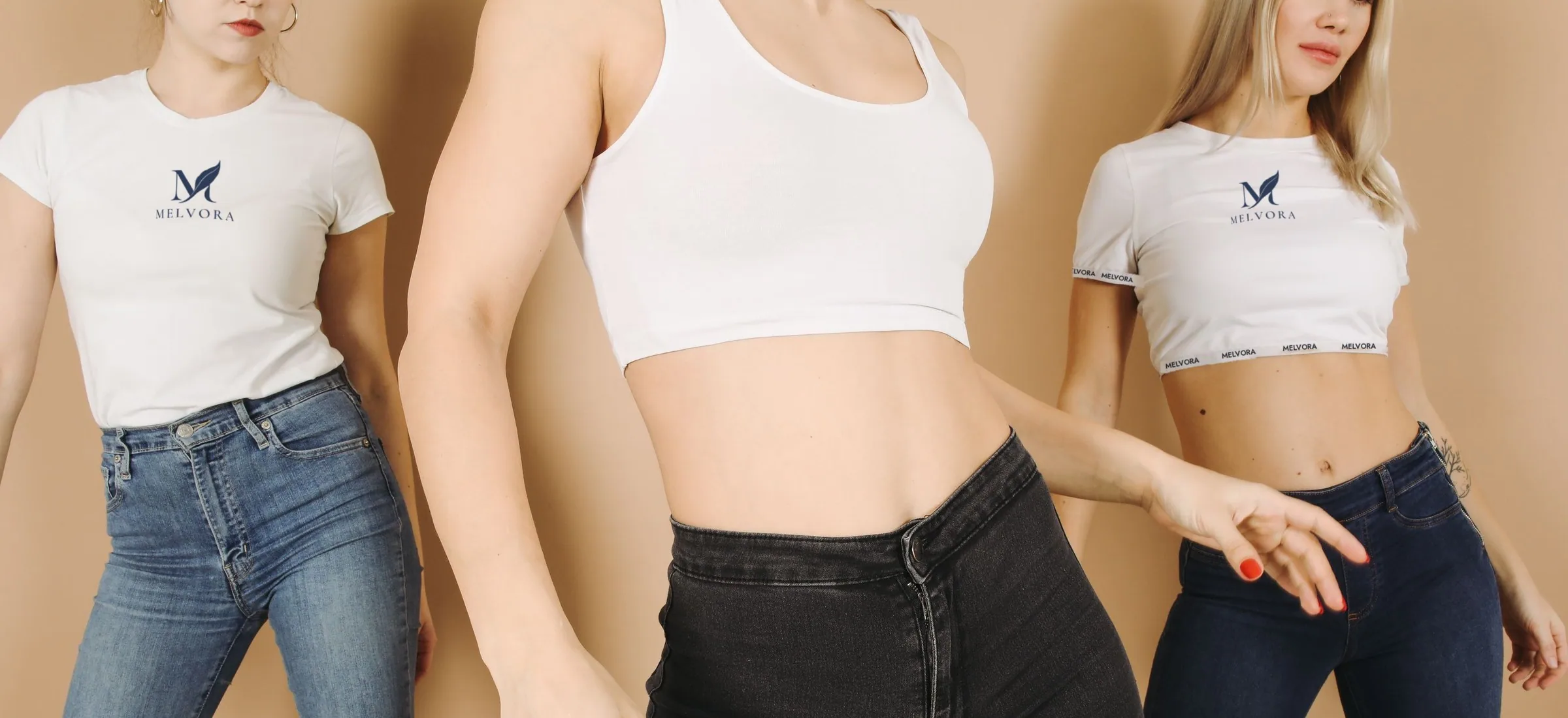 Three women in white MELVORA T-shirts and crop tops with denim